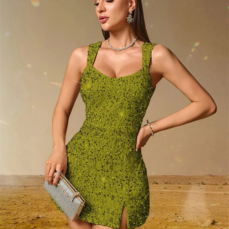 Women Low Slit Dresses Summer Shiny Sequins Evening Dress Sexy Elegant Party Dresses Cocktail Short Birthday Prom Dresses XSY225