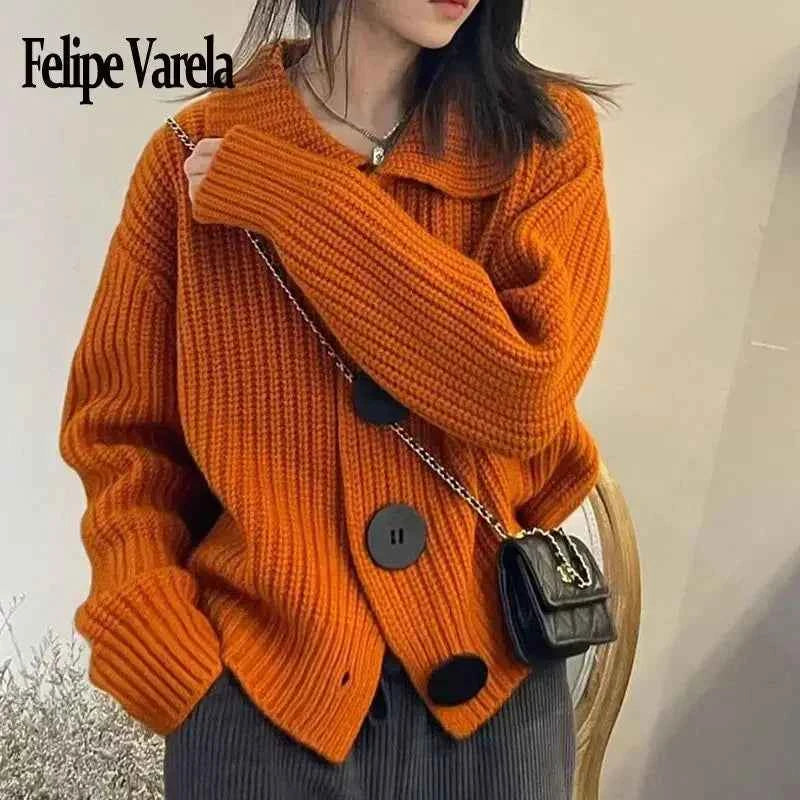 Temperament Fashion Sping Autumn New Sweaters Coats New Women Solid Lapel Button Korean Casual Long Sleeve Cardigan Knitted Tops