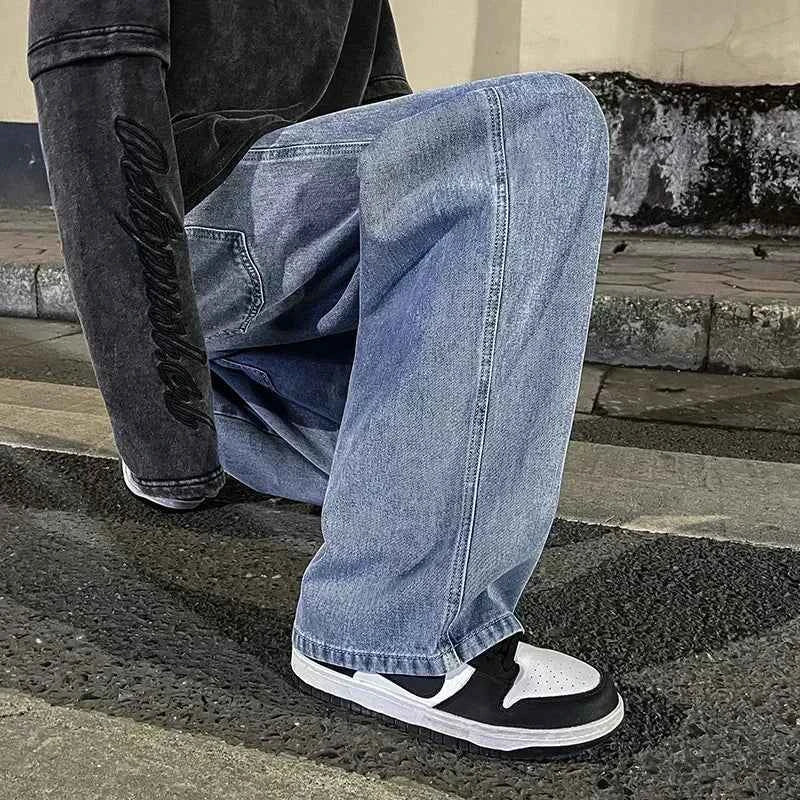 New Streetwear Loose Jeans Men Korean Style Fashion Loose Straight Wide Leg Pants Men's Brand Clothing Black Light Blue