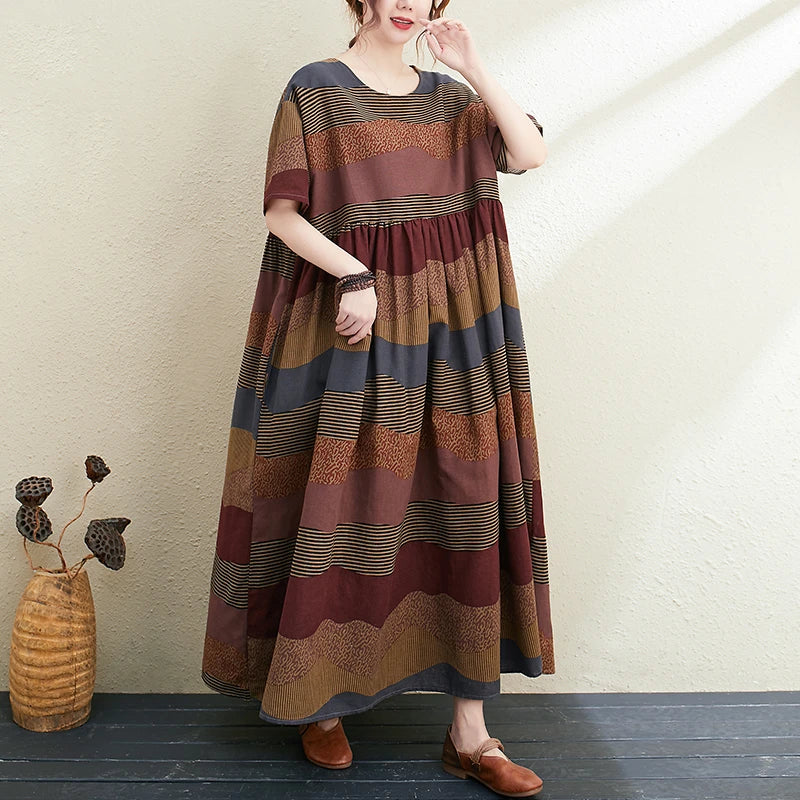 2026 New Summer Cotton Linen Short Sleeve Vintage Striped Print Dresses For Women Long Fashion Dress Elegant Vestidos Robe Femme