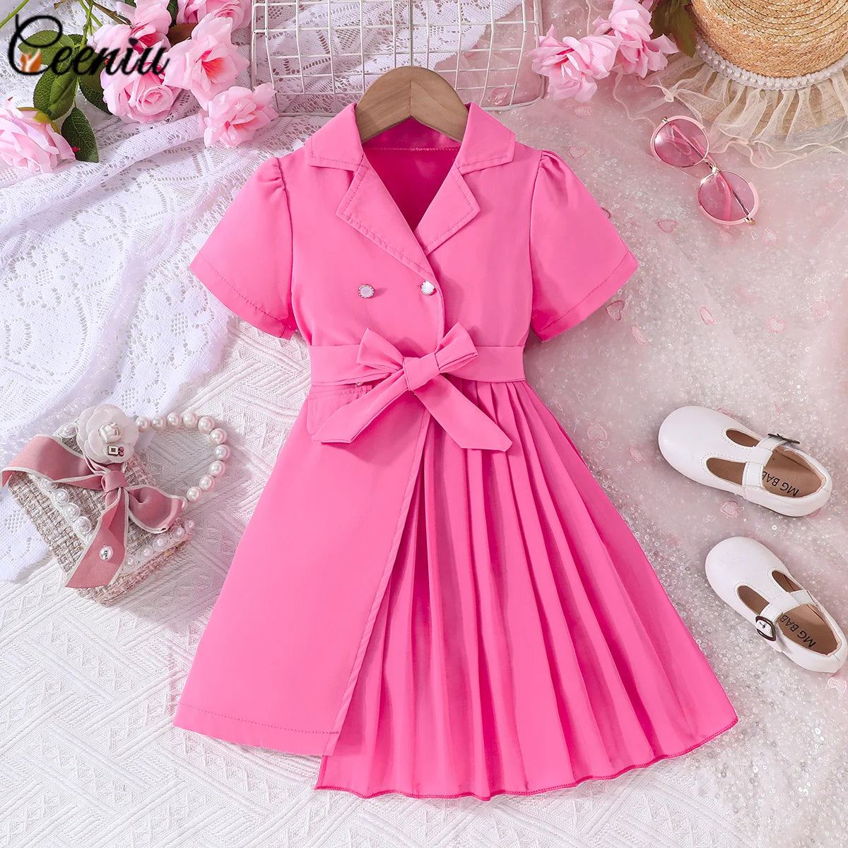 Ceeniu 3-8Y Kid's Jacket Dresses For Girls Lapel Patchwork Frill Blazer Dress For Girls Fashionable Children Clothes Girls