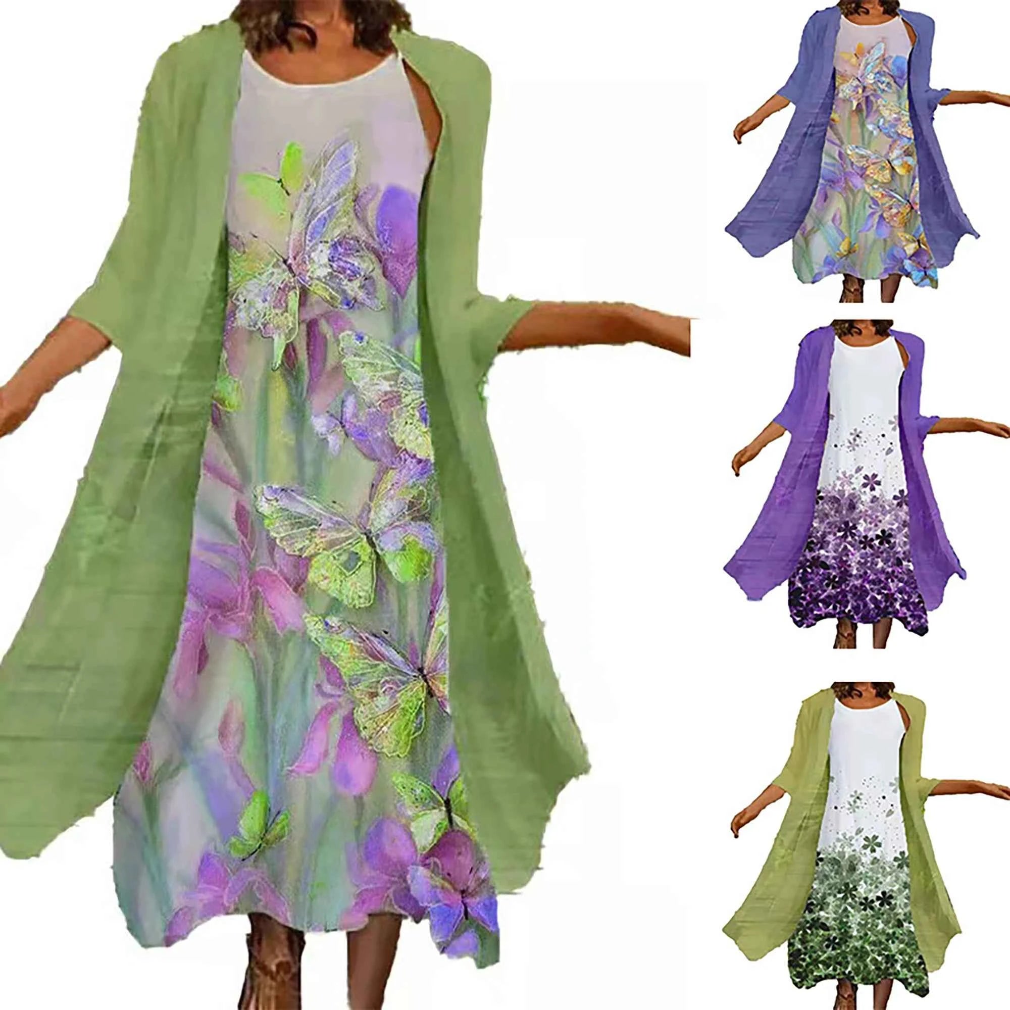 2024 Europe and the United States spring and summer new women's two-piece set of printed round neck long skirt chiffon pocket ou
