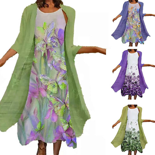 2024 Europe and the United States spring and summer new women's two-piece set of printed round neck long skirt chiffon pocket ou