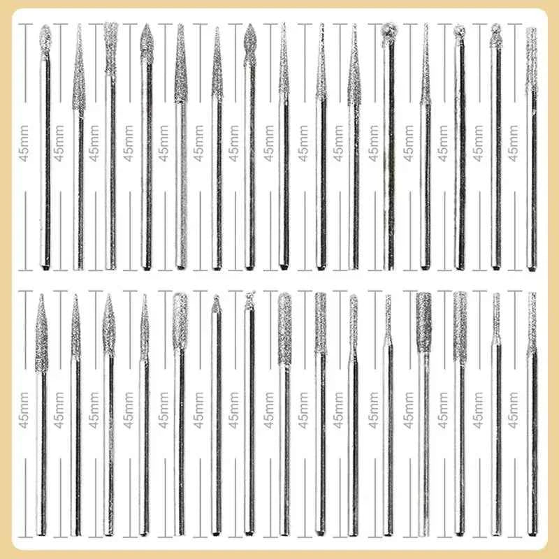 30pcs Diamond Burr Set with Case – 2.35/3mm Shank for Dremel & Rotary Tools, High Abrasive Grinding Polishing Drill Bits