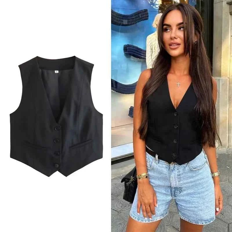 HXAO Fashion Sleeveless Vests For Women Button Up White Crop Top Office Casual Waistcoat Jacket Woman Summer Suit Black Vest Top
