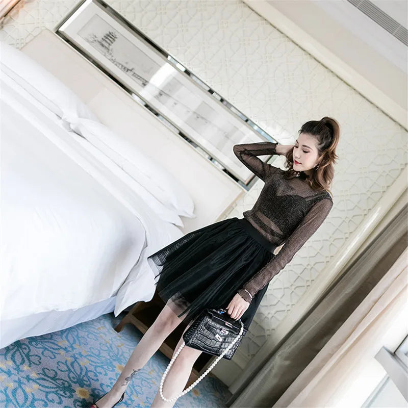 New Transparent See Through Shirt Women Sexy Harajuku Mesh Tops Net Undershirt Star Base Top Camisas Femininas Clubwear SheerTee