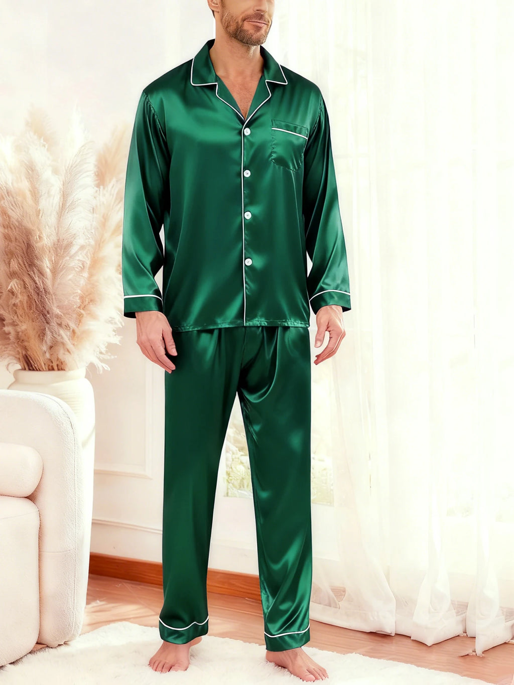 Men's Luxury Pajama Set with Contrast Trim Long Sleeve and Pockets Pants Comfortable Loose-Fit Pajamas for Men Sleepwear Sets
