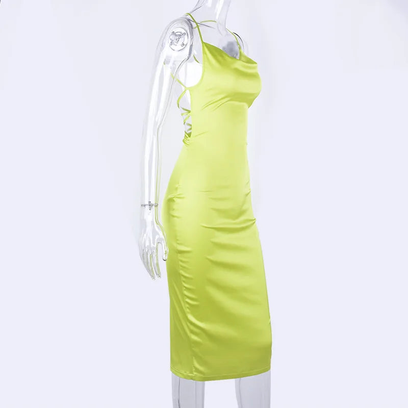 Sexy Slash Neck Back Cross Bandage Bodycon Dress Women Spaghetti Strap Solid Color Mid-calf Dress Elegant Club Party Vestidos