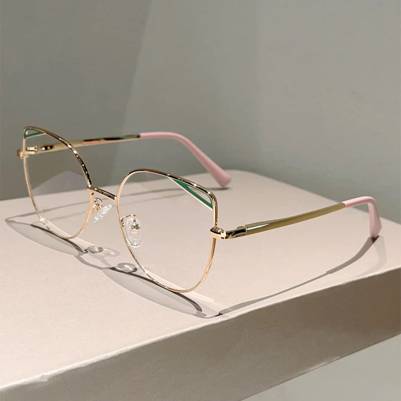 KAMMPT Oversized Cat Eye Glasses Women New Vintage Metal Rim Blue Light Blocking Eyeglasses Trendy Fashion Design Optical Frames