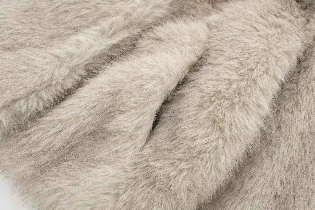 HH Women Fashion Cropped Faux Fur Jacket Coat Long Sleeve Front Snap-button Female Outerwear Chic Lapel Collar Thick Coat