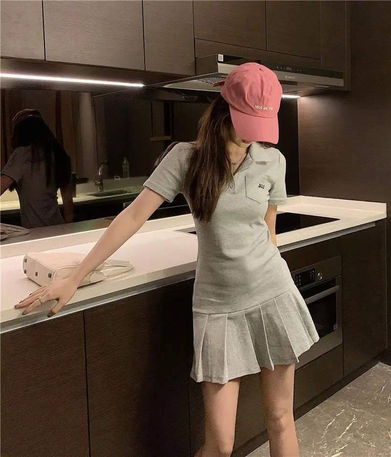 Pleated Dresses Women Sporty Minimalist Summer Female Turn-down Collar New Korean Style Casual Hotsweet Empire Fashion Harajuku