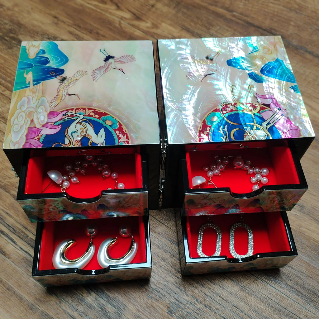 Mother of Pearl Travel Lacquer Wood Drawer Jewelry Ring Earrings Chest Box Case Sea Shell Inlaid Wooden Cube Jewelry Organizer