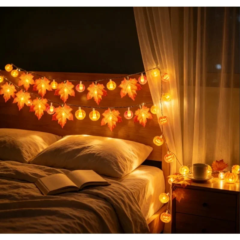 Indoor Home Autumn Harvest Festival Decor 1PC 3D Pumpkin & Maple Leaves String Lights Halloween Thanksgiving Decor Lamp
