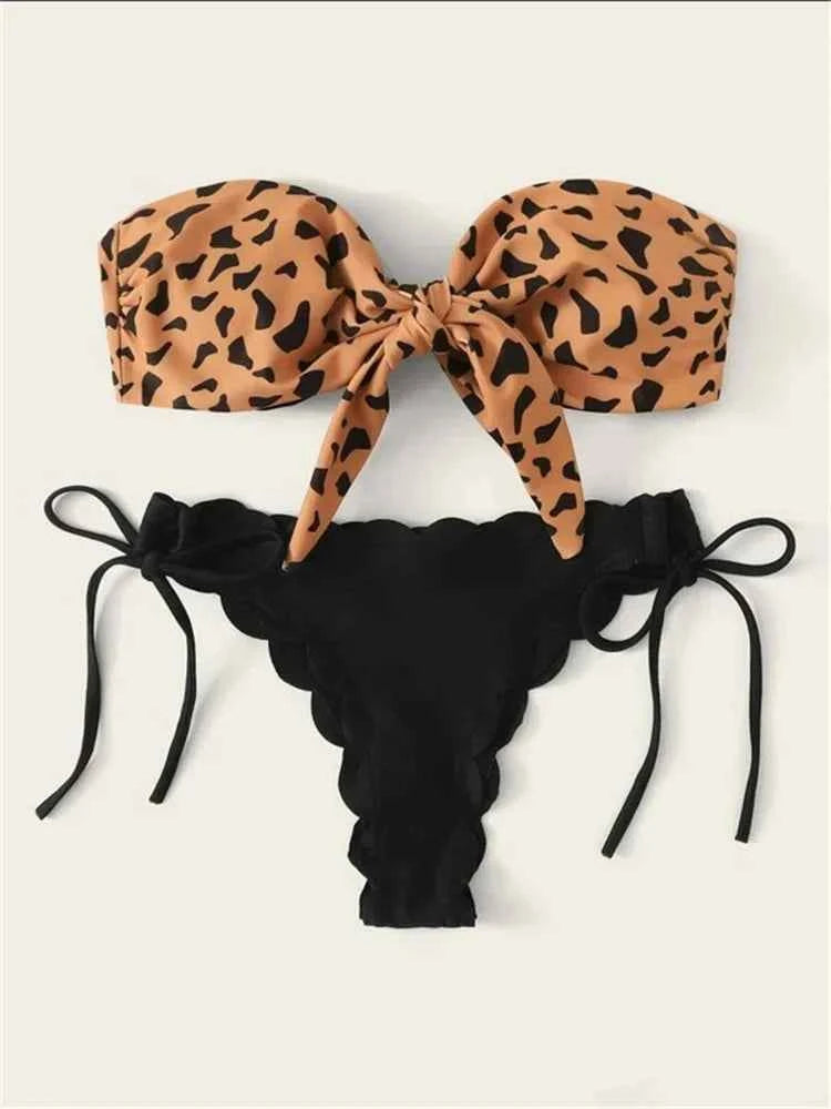 Beach Bikini 2026 Woman Sexy Front Lace Up Tie Bandeau Leopard Swimsuit Female Push Up Ruffled Bow Bathing Suit Thong Swimwear