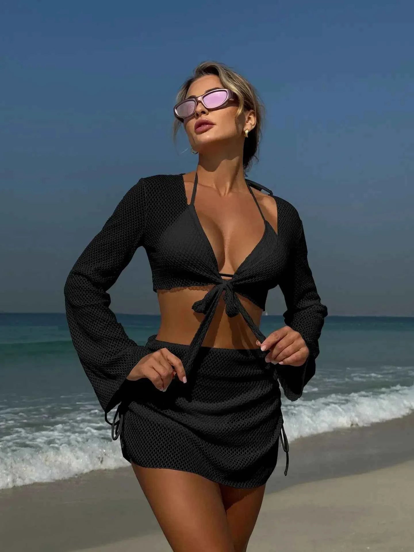 Summer 4 Piece Bikini Set 2025 Women Sexy Black Long Sleeve Cover Up and Skirt Swimsuit Beach Bathing Suit Holiday Swimwear