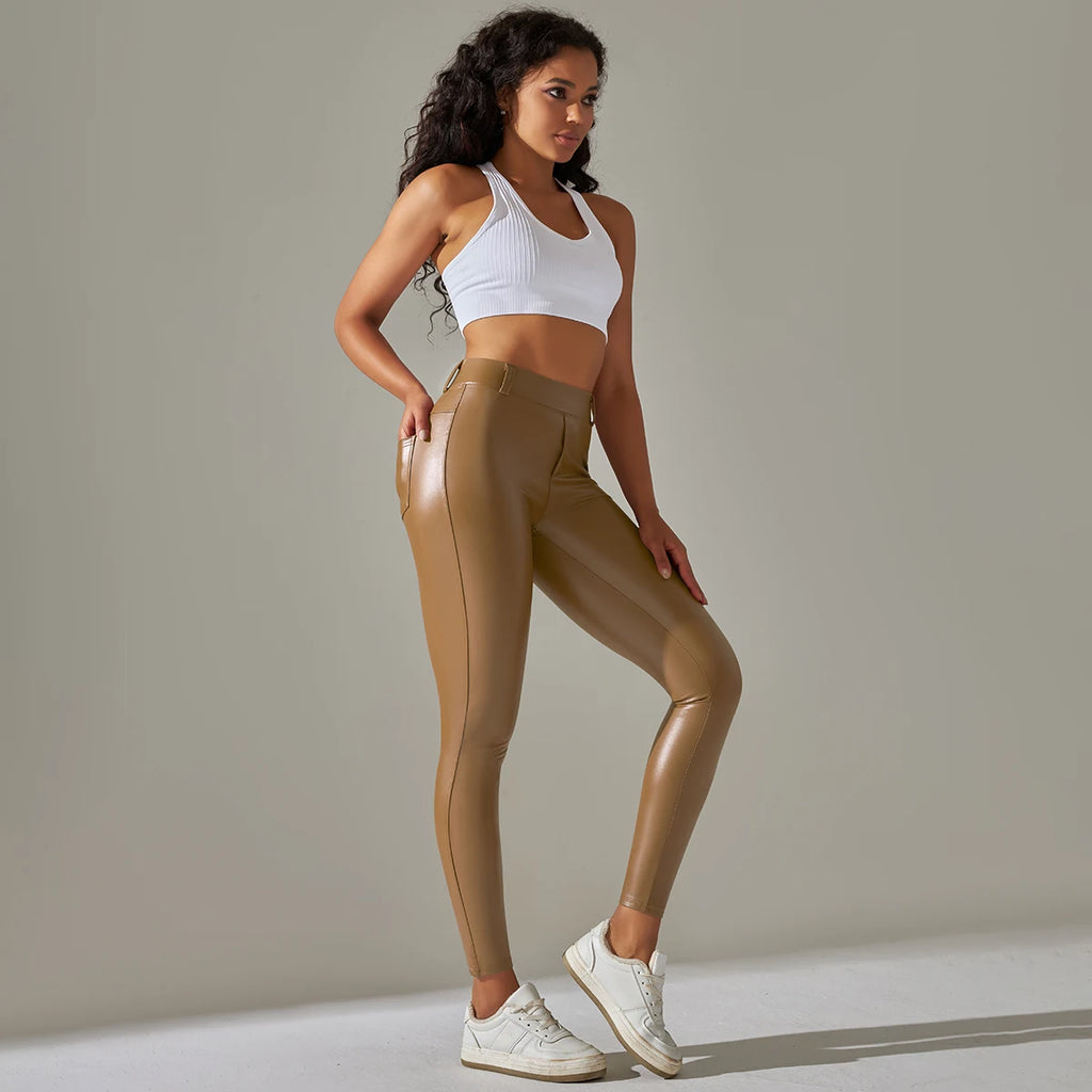 PU Leather Leggings Women Sexy Scrunch Butt Leggings Girls Faux Leather Pants High Waist Push Up Casual Leggings 6 Color