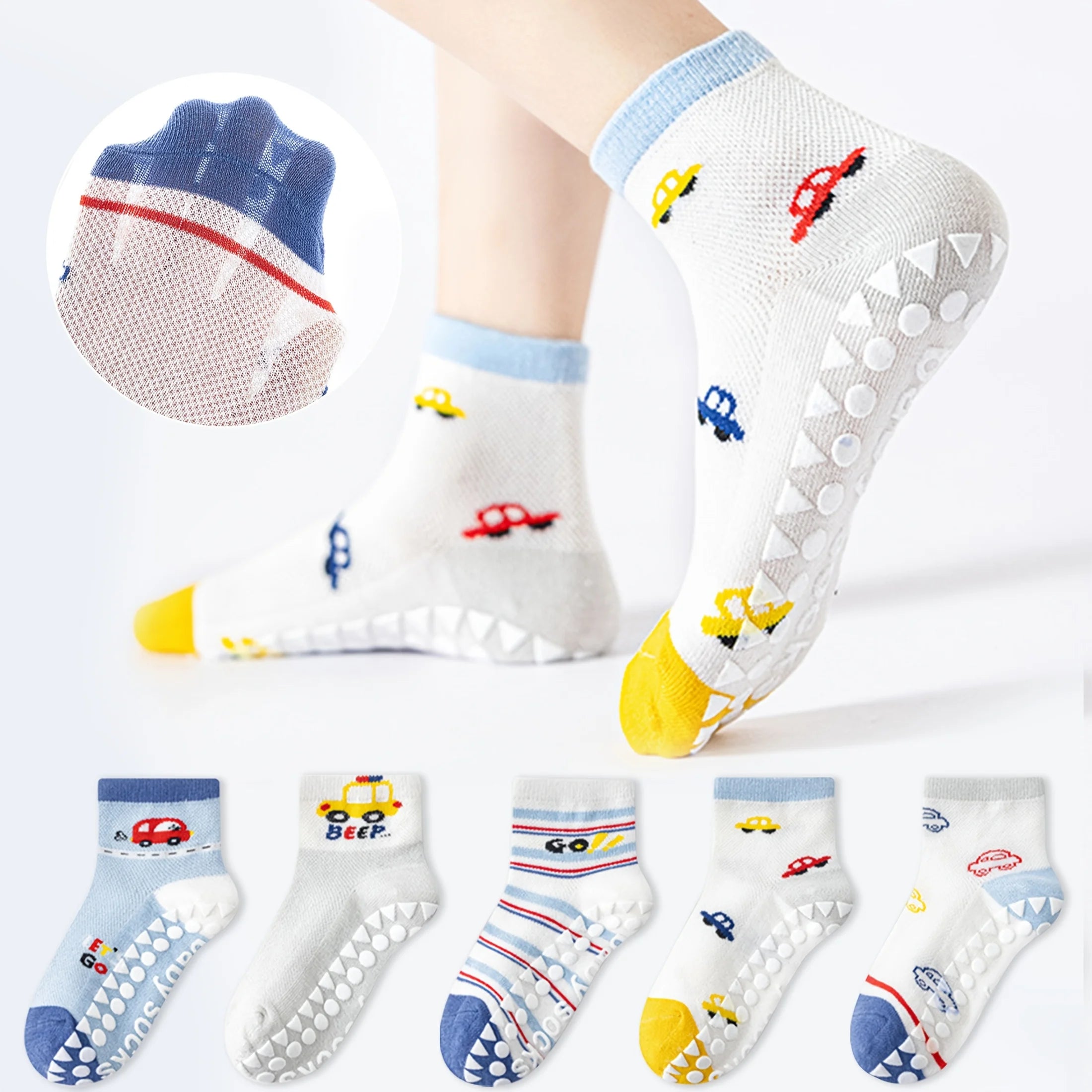 5-Pack Children's Floor Socks with Letter Stripes, Car Patterns, Cartoon Designs, Boys' Baby Walking Socks, Mesh Breathable Soft-Soled Indoor Non-Slip Blue Mid-Tube Socks, Suitable for Casual Daily Life