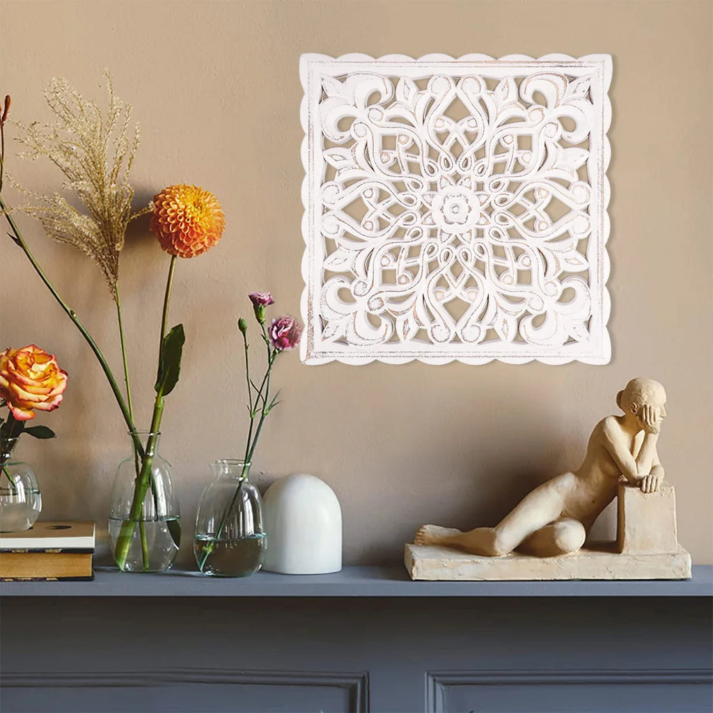 Wooden Wall Decor Floral Hollow Carved Wall Panel Hanging Decor Rustic Wall Art Sculpture Home Wall Ornament for Hallway Bedroom