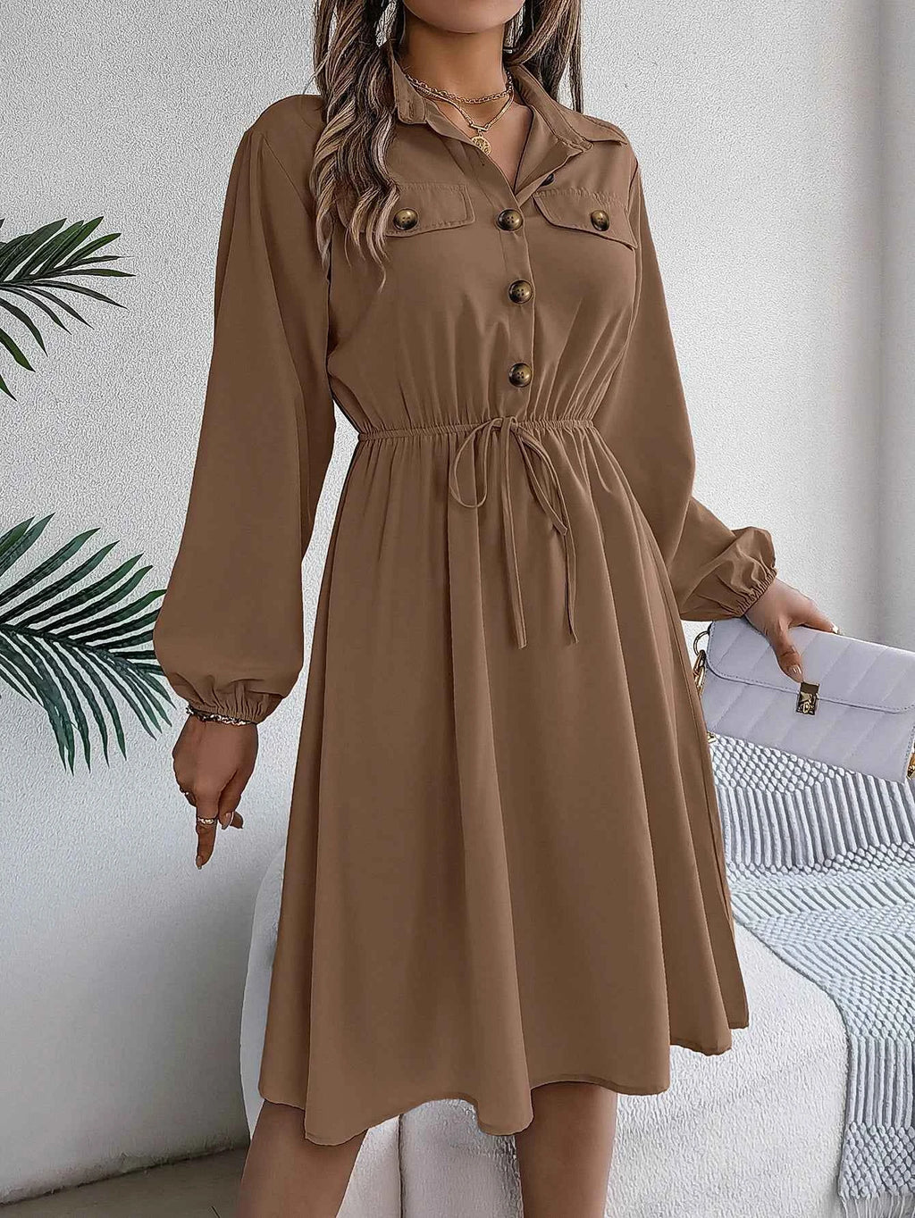 Autumn Winter Dresses for Women Casual Solid Color Button Tie Up Long sleeved Shirt Dress Blue  Green Black Red Woman Clothing