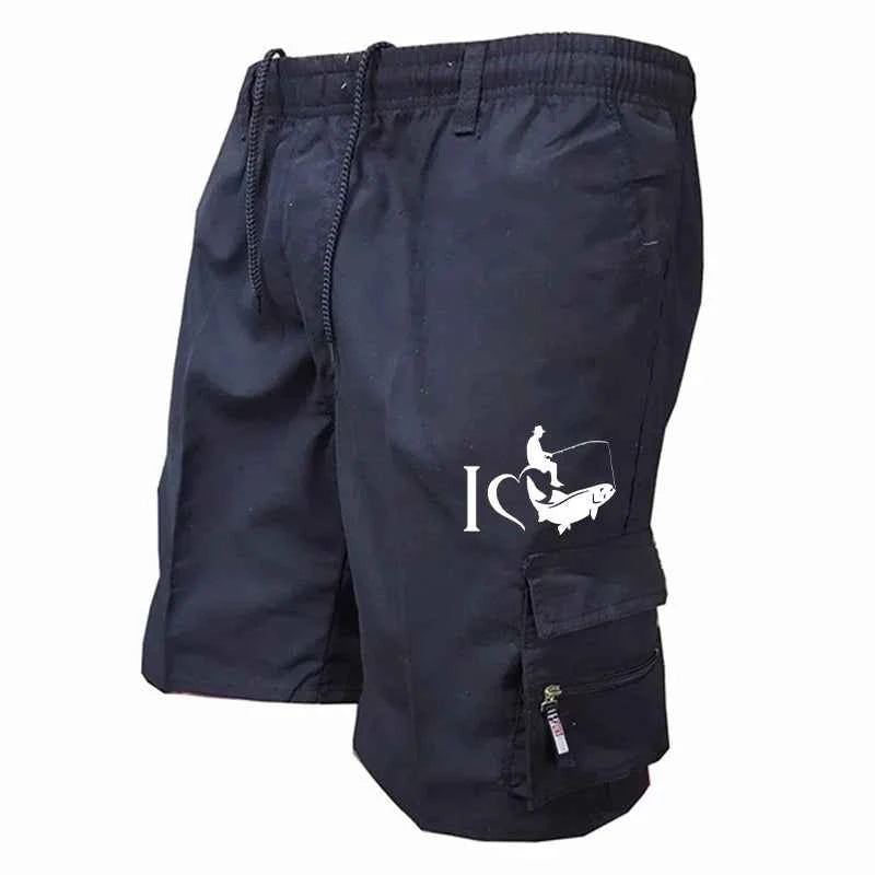 Trendy Mens Bib Shorts Casual Loose Shorts Funny I Love Fishing Printed Drawstring Pocket Shorts Summer Mens Shorts