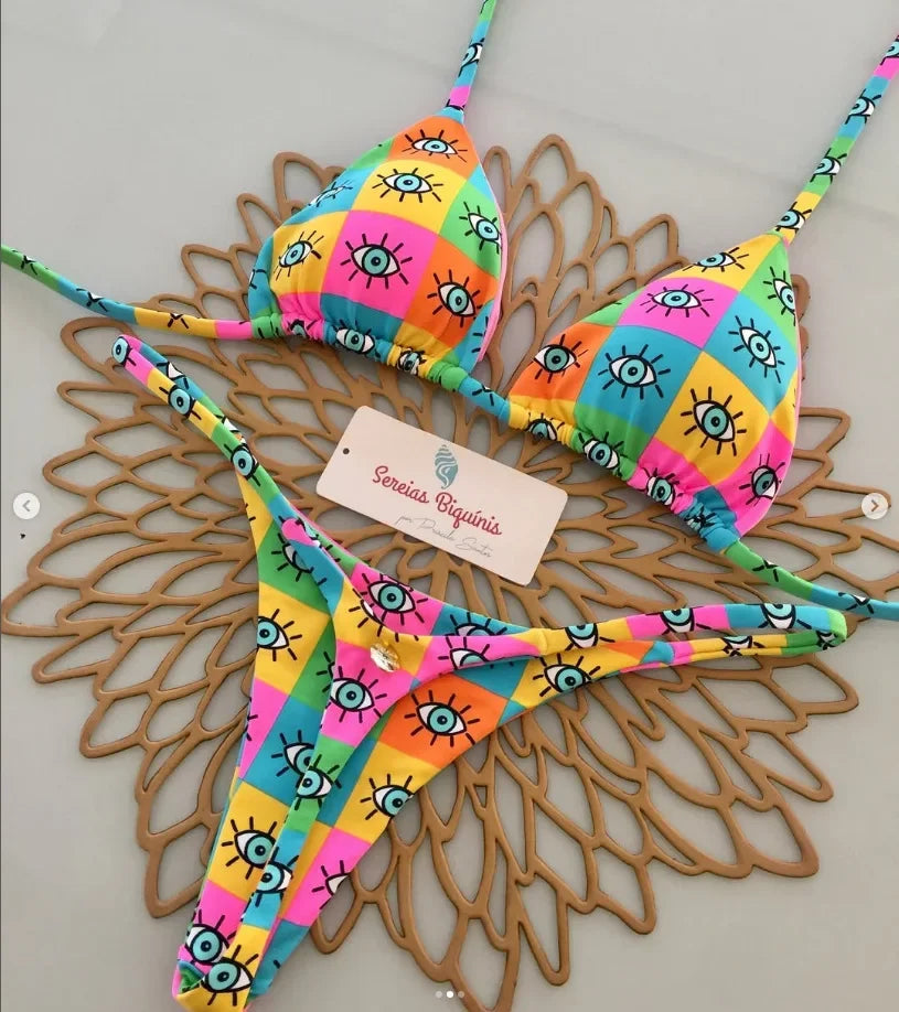 Print Sexy Bikini Sets Halter Lace-up Tops Thongs Beach Style Bathing Suit Y2k Swimsuits Women Beachwear Купальник Женский