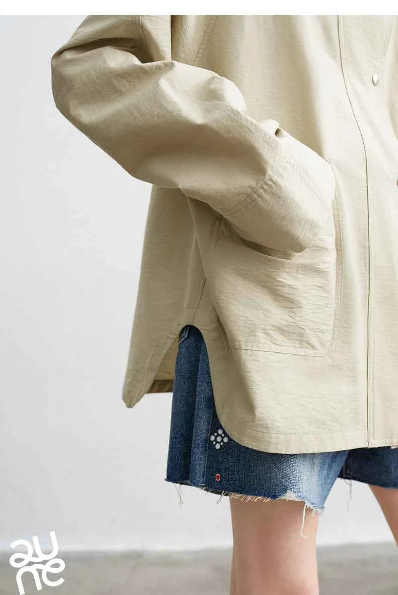 TOYOUTH Women's 2026 Spring New Loose Stand-Collar Utility-Style Lightweight Jacket Coat with Slub Wrinkle Texture