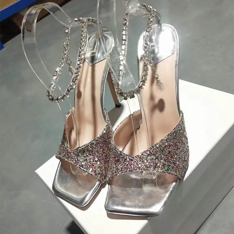 Colorful Chain Water Diamond Sandals Brand Walk Show Fish Mouth Evening Dress Elegant High Heels 2023 New Pendant Women's Shoes