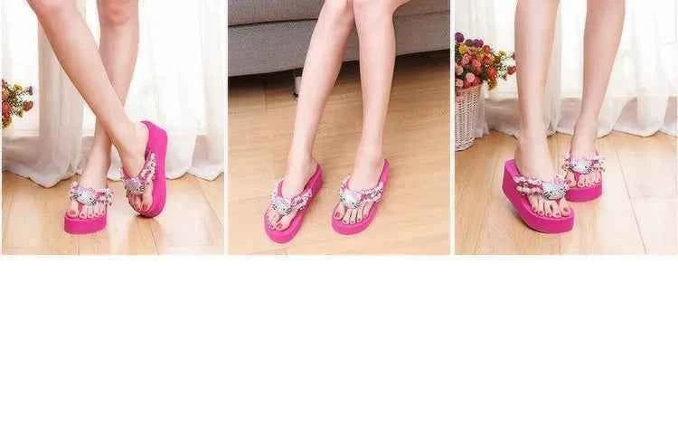 Hello Kitty Kawaii Soft Flip Flop Sandals Y2k Beach Slides Shoes Women Casual Wedge High Heels Platform For Slippers Ladies Gift