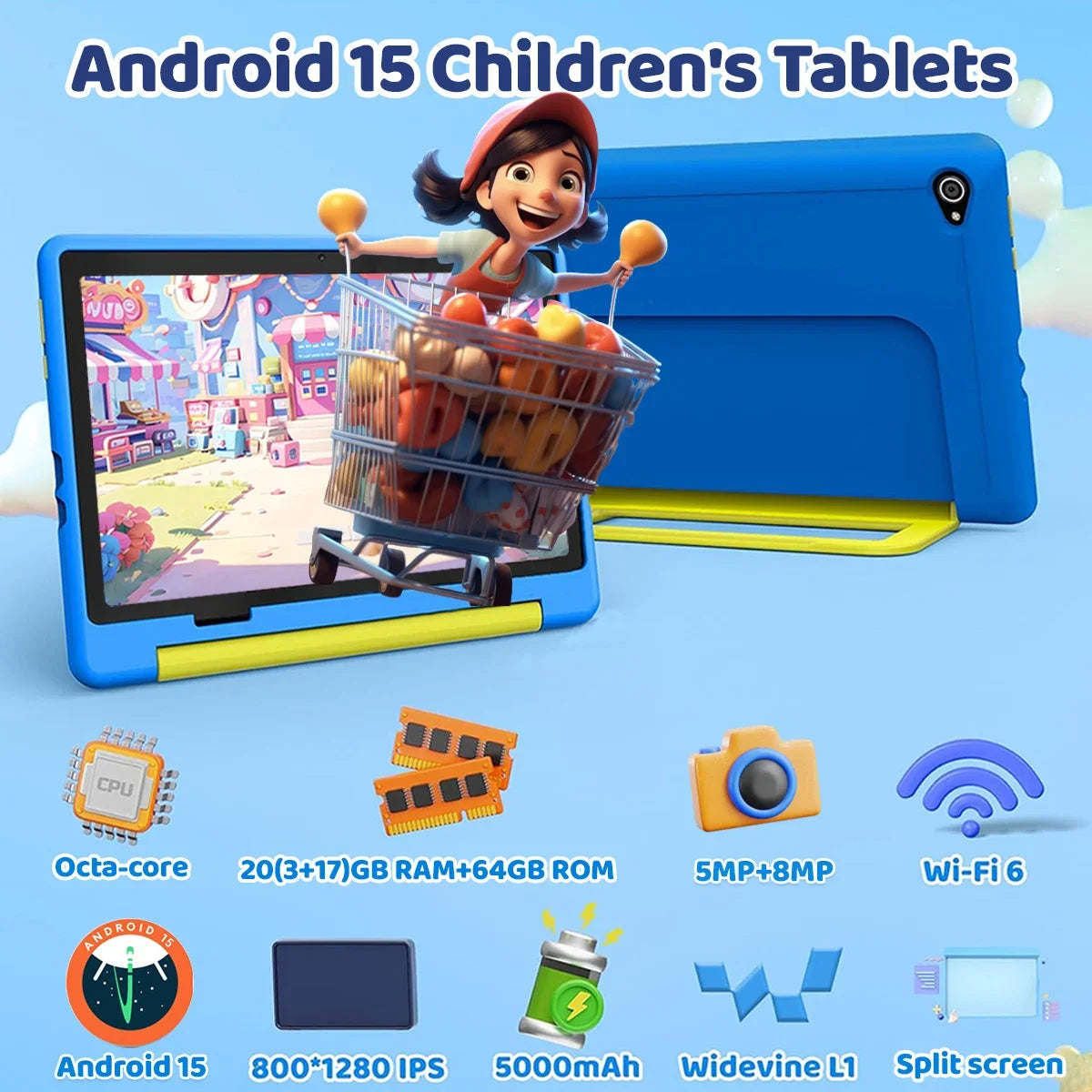 Kid Tablet Android 15 Tablet for Kids 10 inch 20GB+64GB 8-Core with Case 1TB TF Expandable for Toddler Children Parental Control