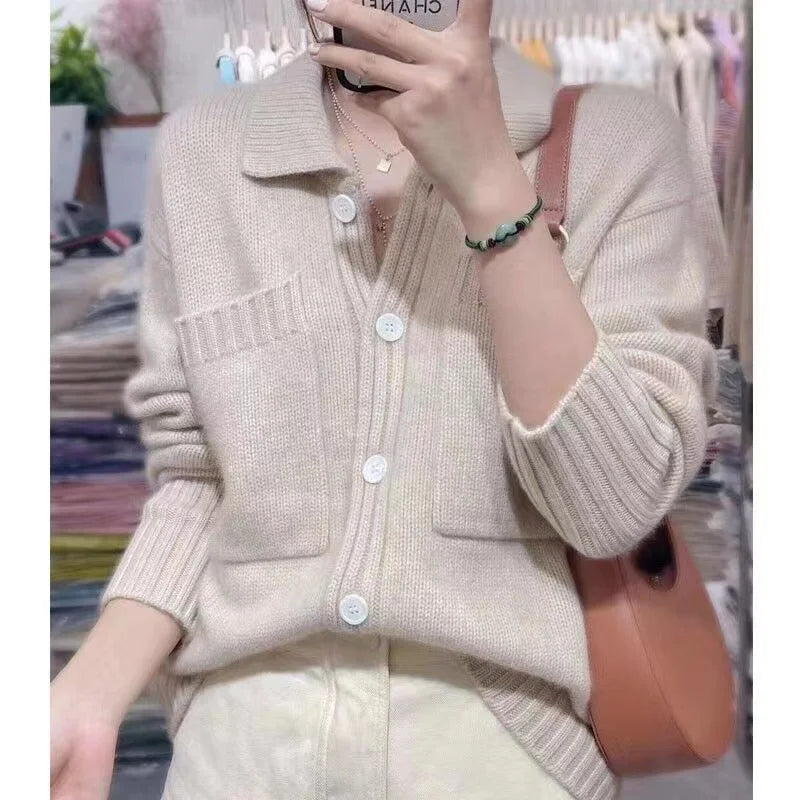 Casual Warm Lapel 100% Pure Wool Ladies Cardigan Sweater Hot Sale Long Sleeve Knit Jacket Women Cashmere Sweater FRSEUCAG brand