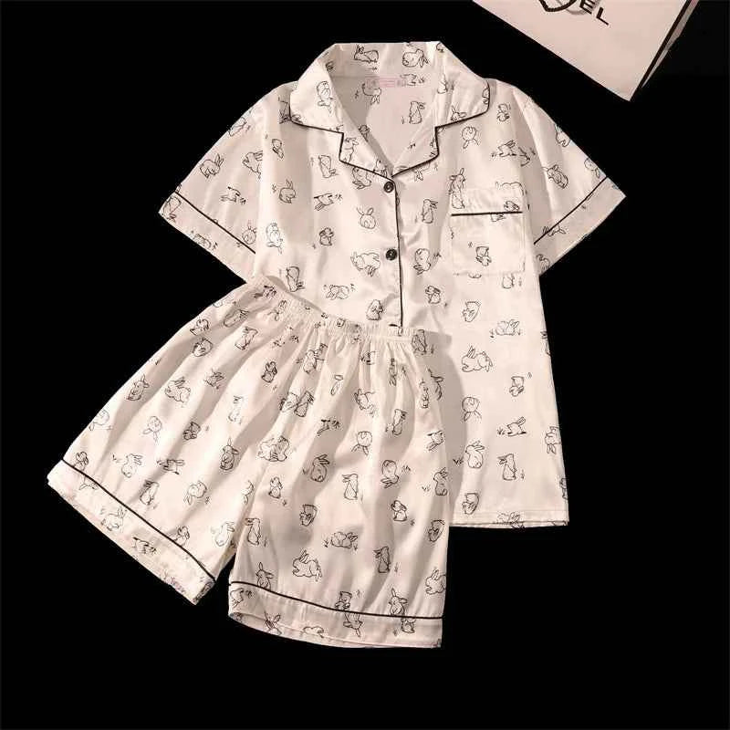 Rabbit Print Sleepwear Women Pajama Sets Korean Style Summer Piiama 2 Pieces Night Wears for Sleeping Student Cute Home Suit
