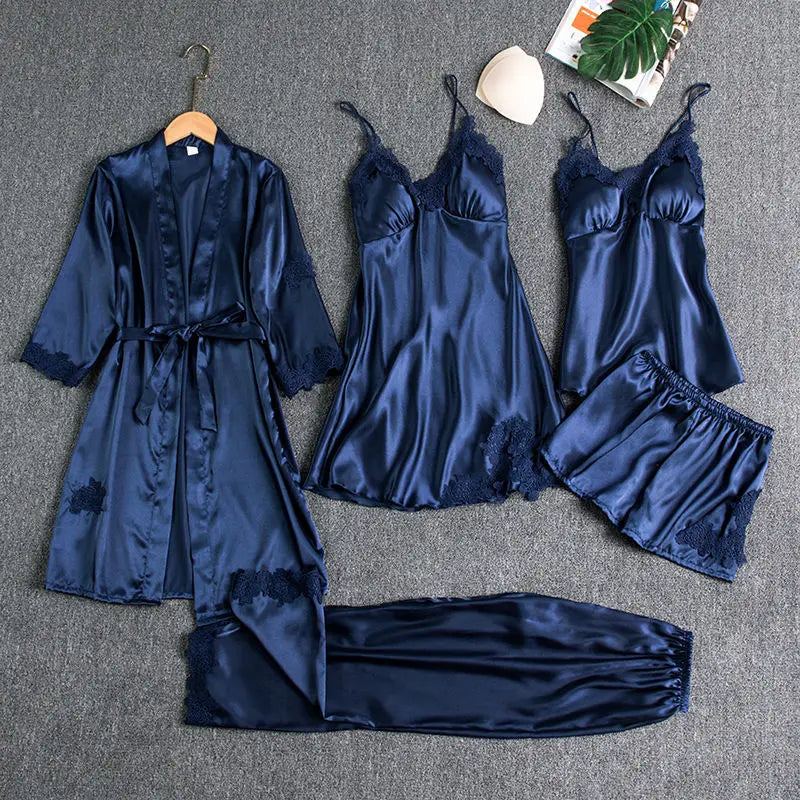Customizable Sleepwear Female 5PCS Pajamas Set Satin Pyjamamas Lace Bridal Wedding Nightwear Rayon Home Wear Nighty&Robe Suits