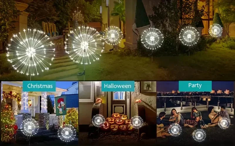 200LEDs Solar Fireworks Lights Outdoor Waterproof Solar Garden Lights 8 Lighting Modes With Remote Control Decorations Light
