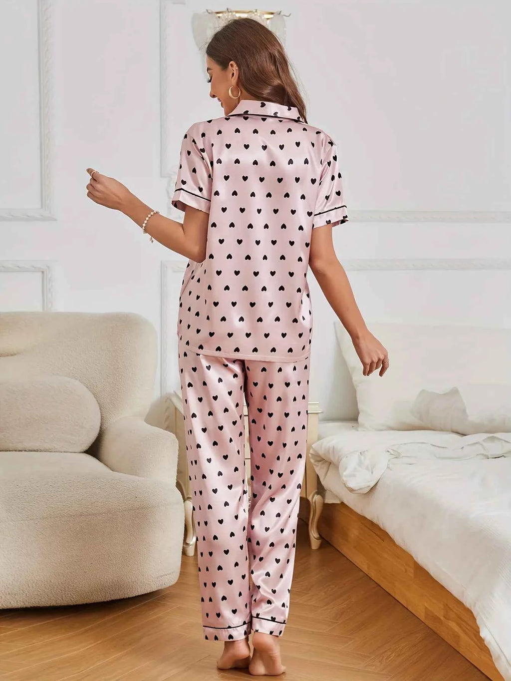 Heart Print Satin Pajama Set Casual Short Sleeve Buttons Lapel Top & Elastic Pants Women's Sleepwear