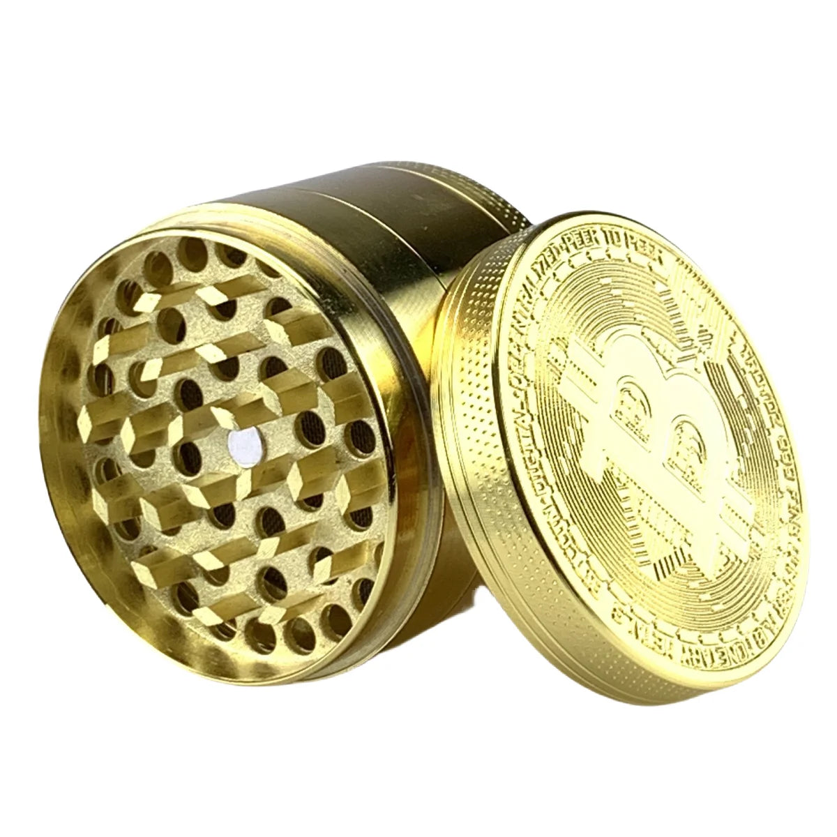 50mm Bitcoin Gold Herb Grinder 4-layer Spice Pepper Mill Mortar Metal Grass Tobacco Grinder Smoking Accessories Kitchen Tool