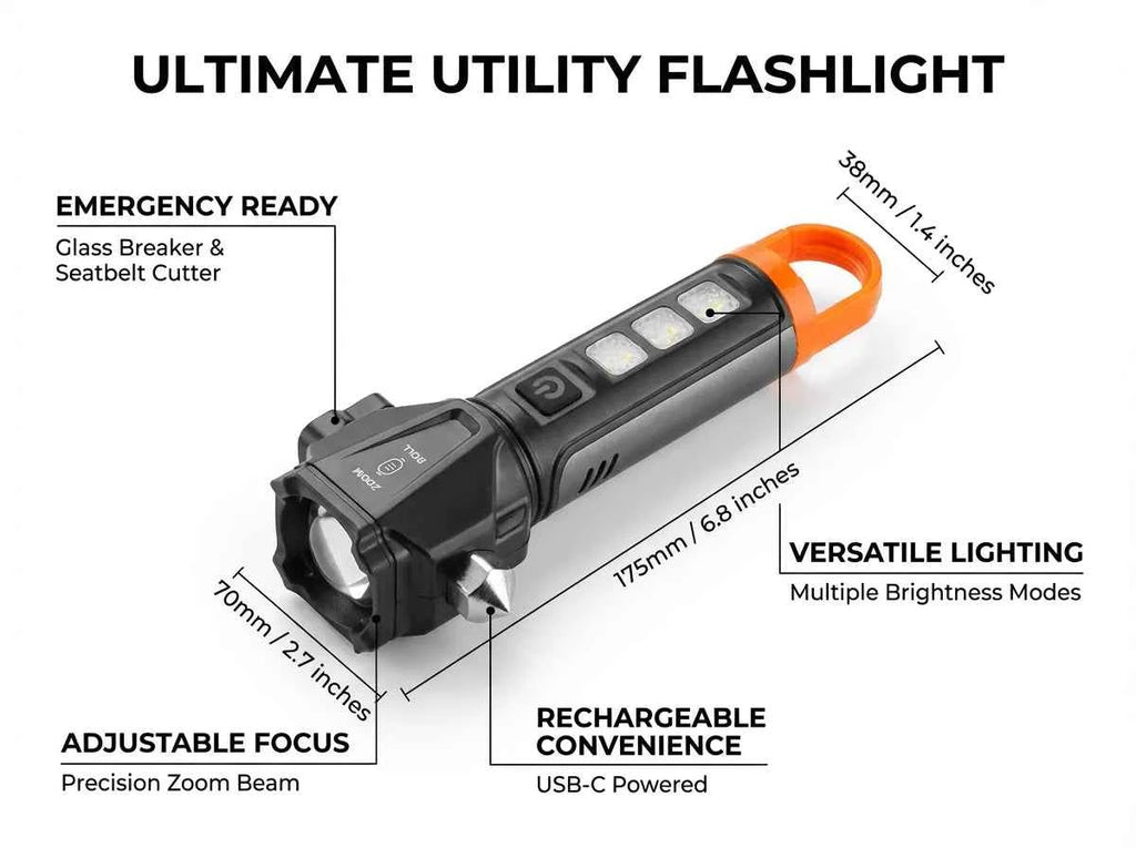 Tactical Led  Flashlight for Emergency Defense,with Safety Hammer, Seatbelt Cutter & Strobe Mode for Emergency Survival & Safety