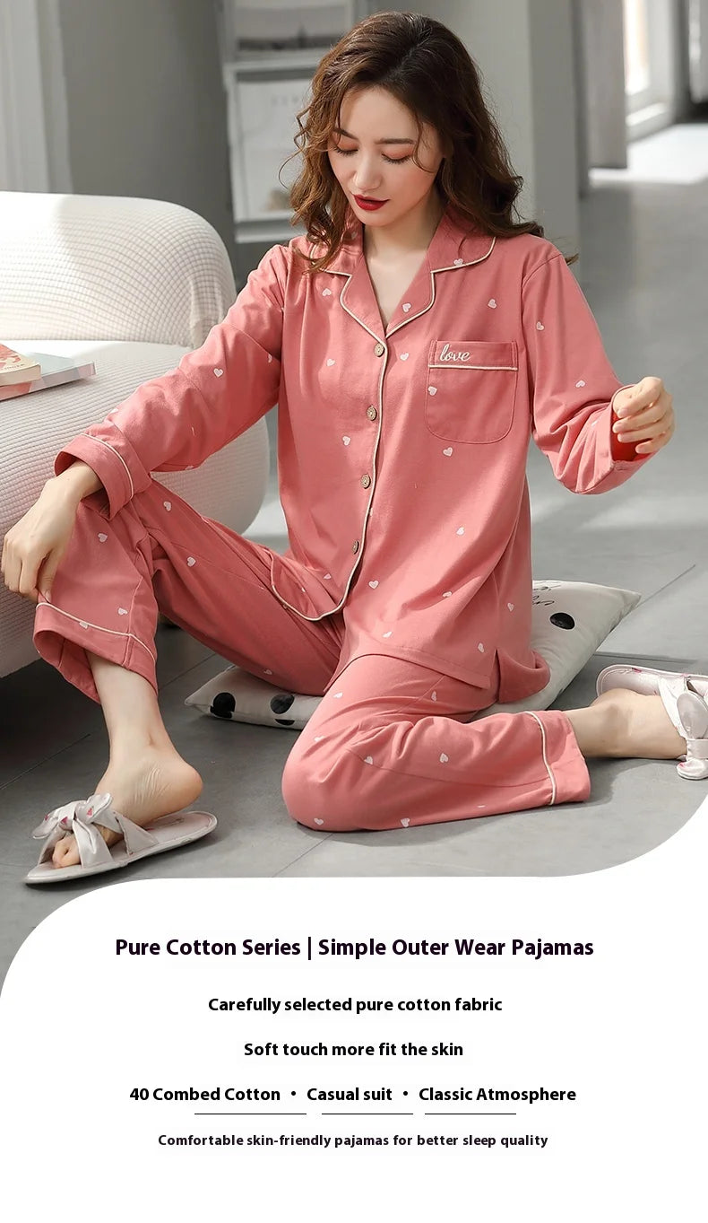 Cotton Pajamas Large Size Autumn Winter Long-Sleeved Home Wear Night Wear Woman Sexy Cardigan Love Pink Large Square Sleepwear