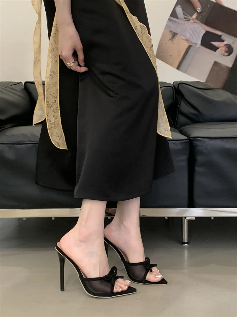 Liyke Street Fashion Bowknot Mesh Women Slippers Sandals Sexy Pointed Open Toe Black High Heels Mules Slides Party Banquet Shoes