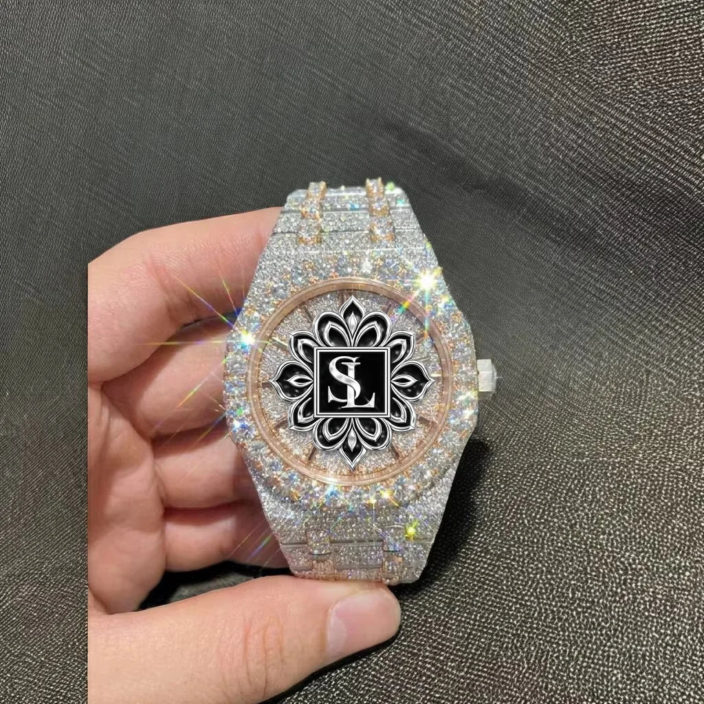 Hand-Set Moissanite Diamond Watch | Gold Plated Luxury Men's Hip Hop Jewelry Wholesale Iced Out Two-Tone Watch |