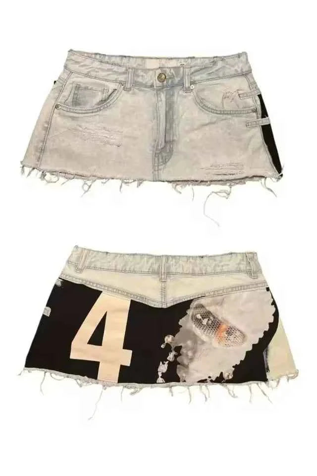 Womens Fashion Gothic Sexy Denim Mini Skirt Y2K Clothing Hot Sweet Digital Mesh Oversized Shorts High Waist Slim Fit Mini Skirt