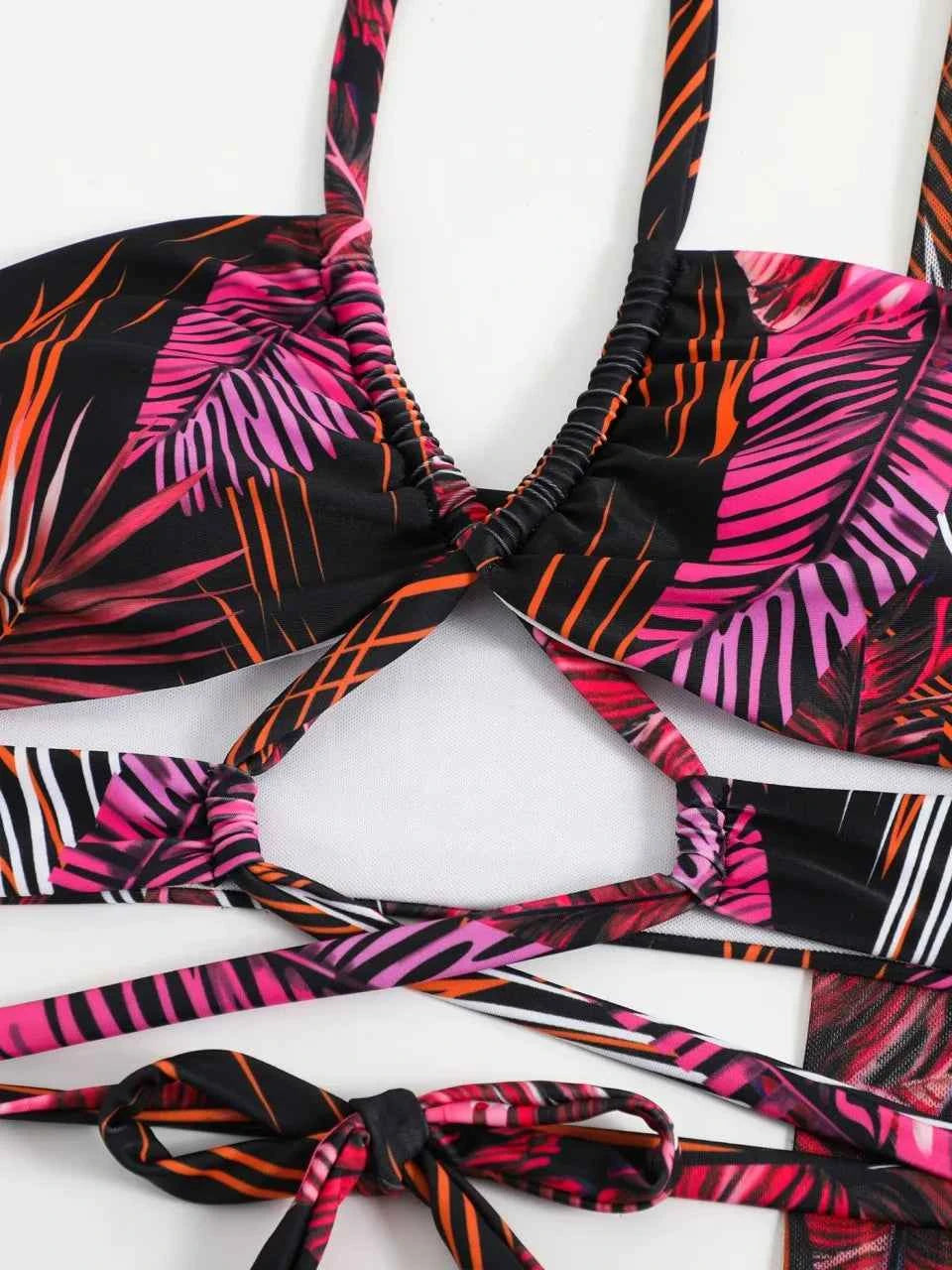 3 Pieces Print Cross Bikini 2025 Women Sexy Halter Swimsuit & Cover Up Beach Dress Swimwear Bathers Bathing Swimming Suit Summer