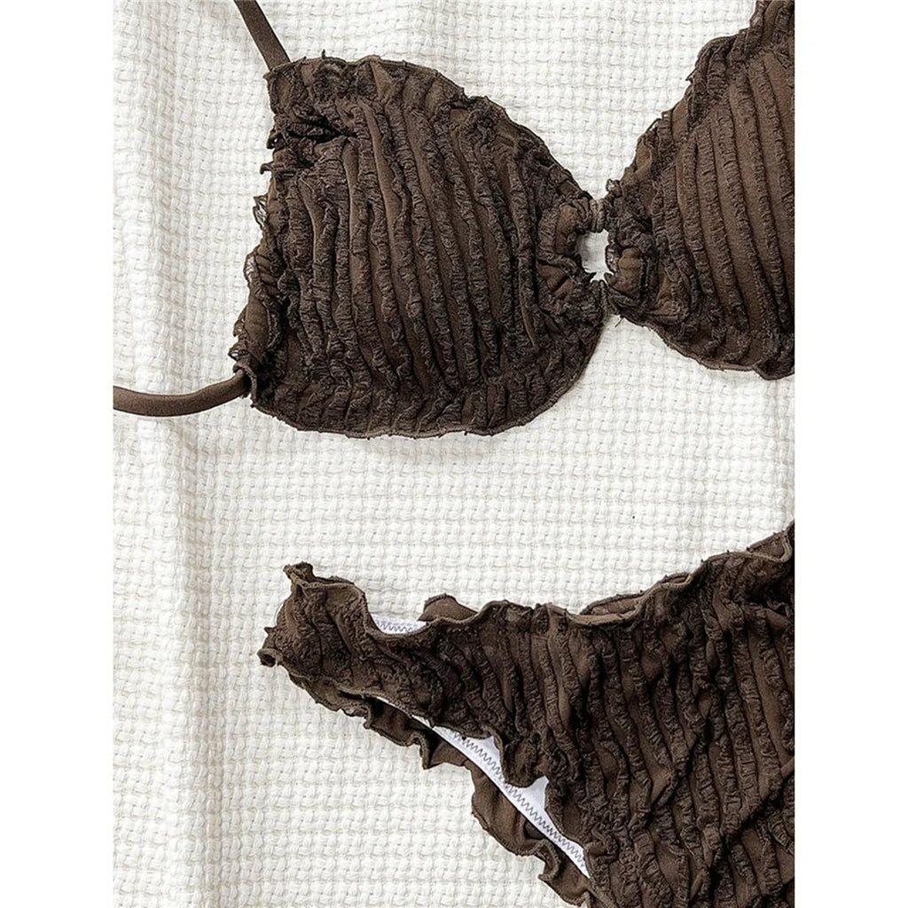 Wrinkled Crinkled Frilled Bikini Female Swimsuit Women Swimwear Two-Pieces Bikini Set Brazilian Bather Bathing Suit Swim V8053