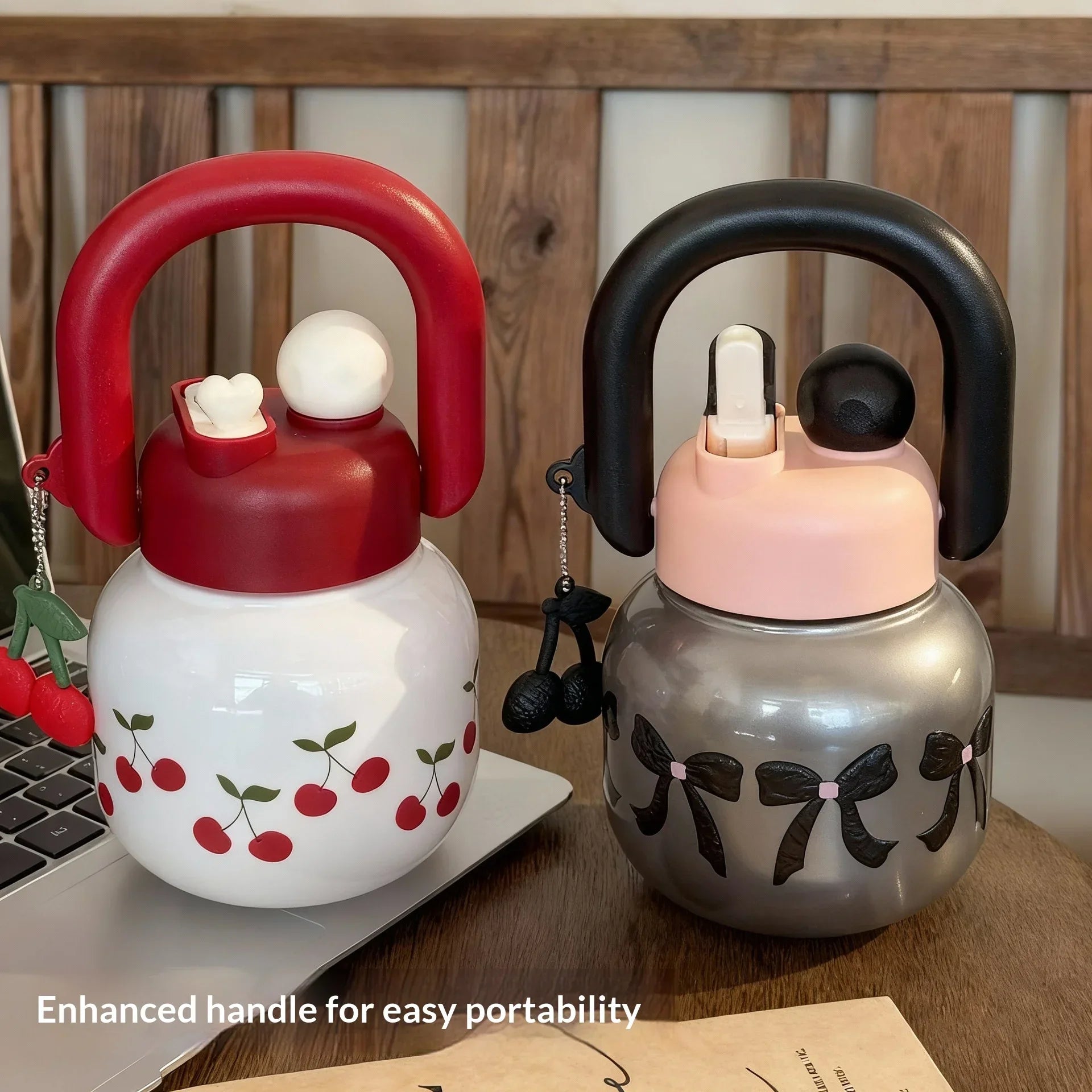 Cute Water Bottle with Decoration, Dual Straws Design, Anti-Lipstick Stain, Detachable Travel Strap Durable Plastic Material