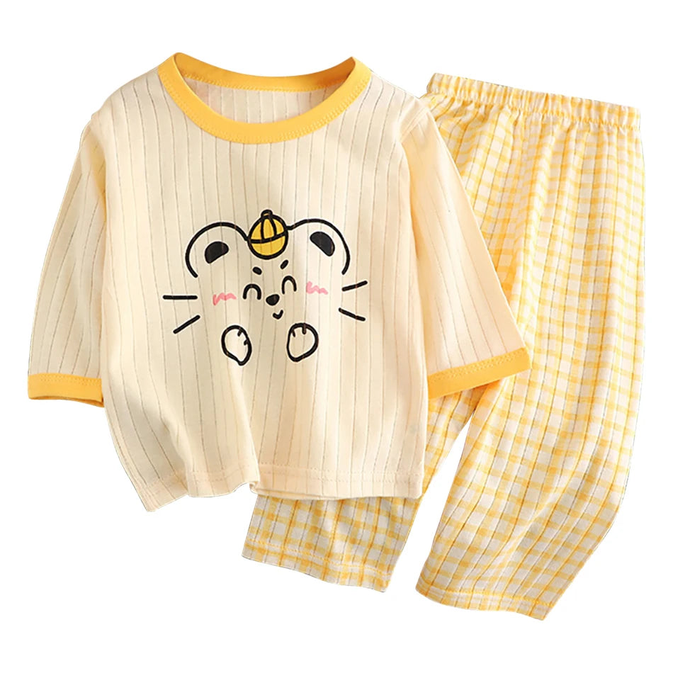 Summer Kids Cotton Pajama Sets Long Sleeve Pants Suitable Baby Gentle Nighttime Comfortable Sleepwear in Air Conditioned Rooms