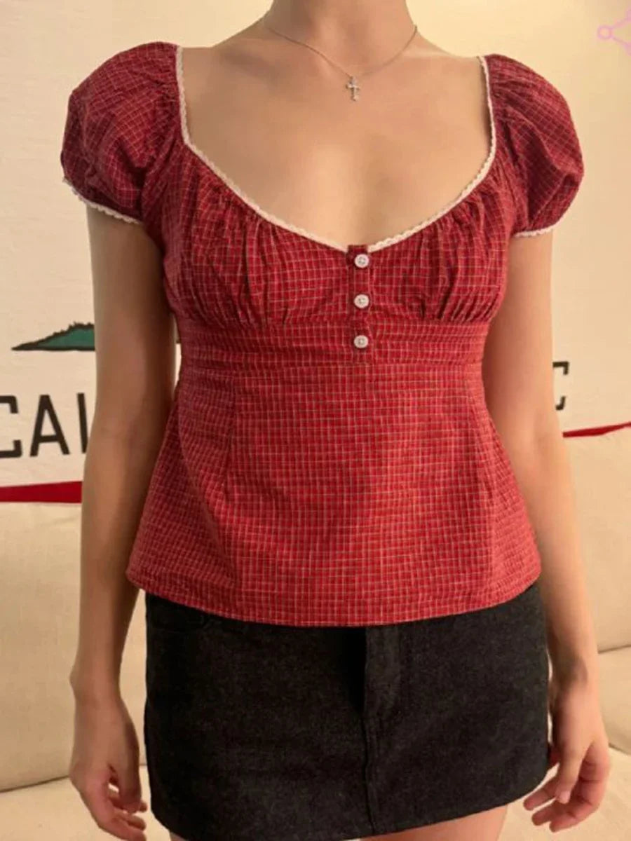 White Striped V-neck Buttons T-shirts Women New Casual Cotton Lace Trim Sexy Crop Tops Sweet Cute Preppy Style Blouse Tees Y2K