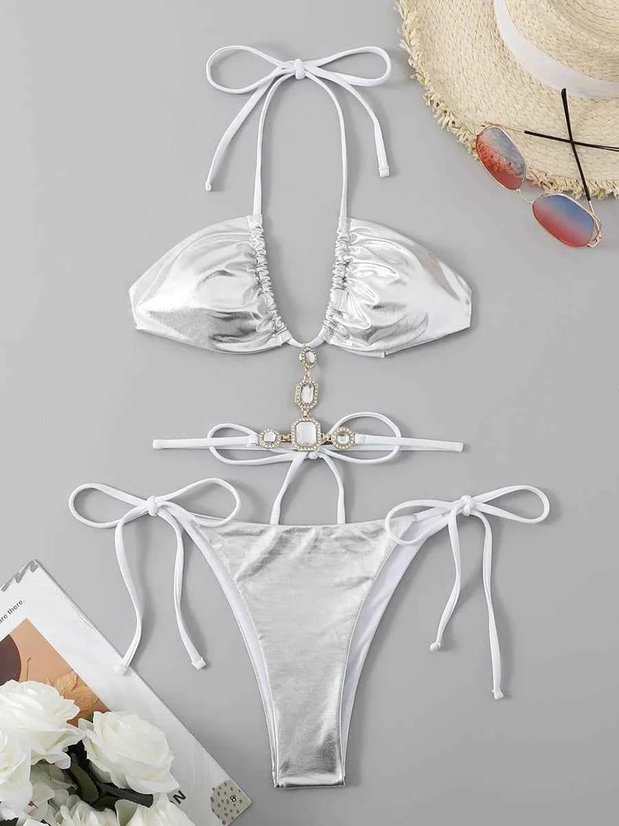 Extreme Mini Micro String Diamond Bikini Women Thong Swimwear Female Swimsuit Two Pieces Bikini Set Halter Bathing Suit Swim