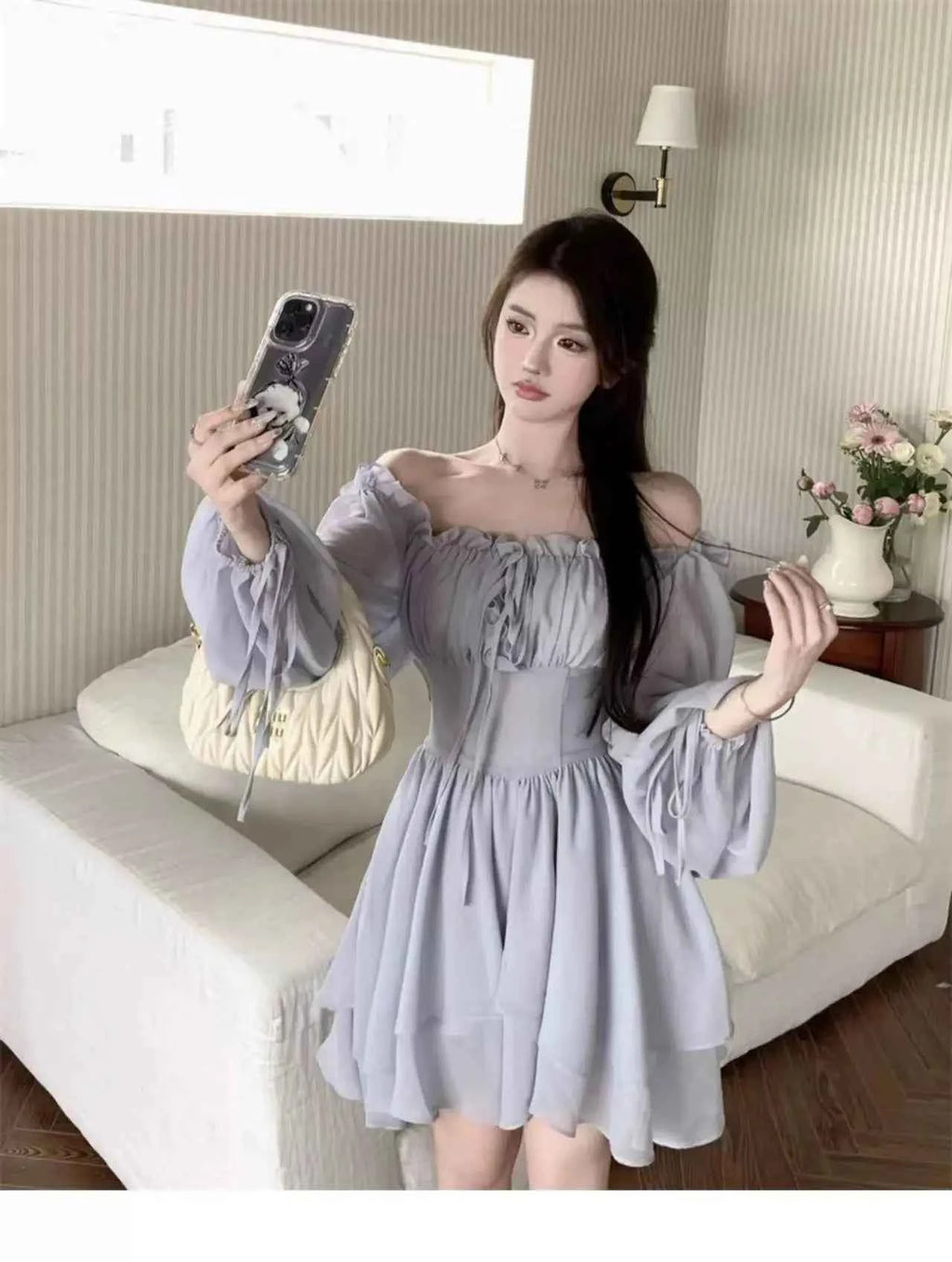 Dresses Women Solid Retro Long Sleeve Slash Neck Autumn Gentle Korean Style Streetwear All-match Lovely Comfortable Stylish Chic