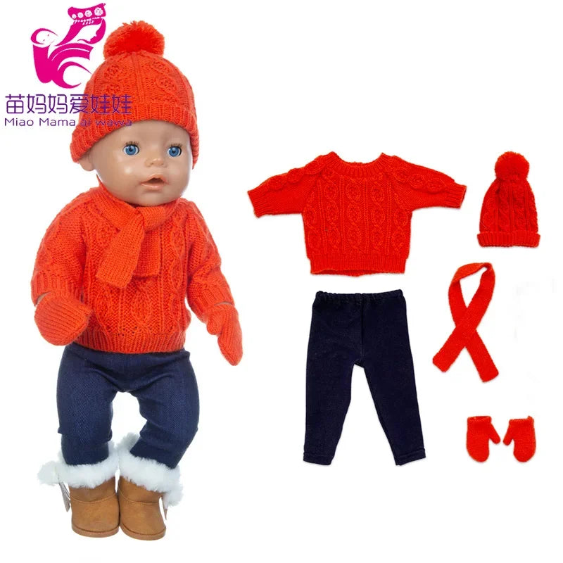 18 Inch Baby Doll Winter Clothes Set Crochet Sweater Scarf Hat Gloves New Year Apparel for 43 Cm Girl Dolls