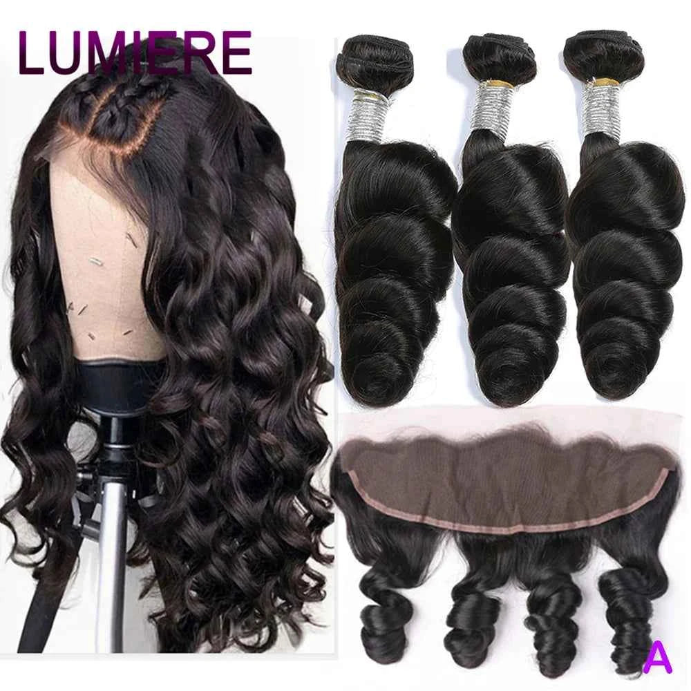 Loose Deep Wave Bundle With Closure Frontal HD Transparent Lace And Closure Virgin Raw Curly Human Hair Bundle Deal Hair Extensi