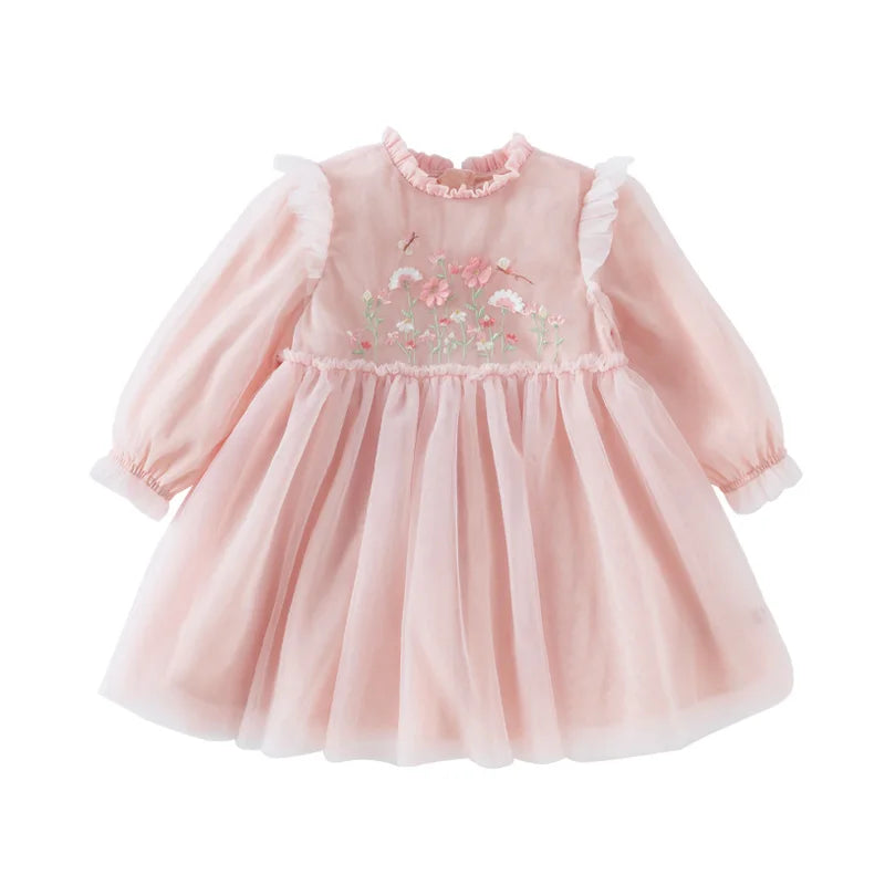 Dave Bella Princess Dress for Girls Baby Children 2025 Spring Long Sleeved Charm Mesh Embroidery Floral Gentle Cute DB1250434